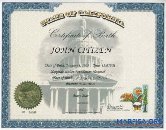 Blank United States State of California birth certificate sample